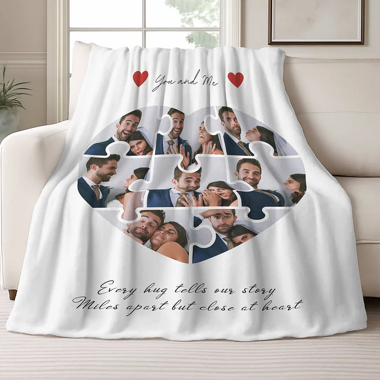 Custom Long Distance Love Photo Collage Flannel Blanket — Personalized 6 Picture Heart Puzzle Throw Blanket