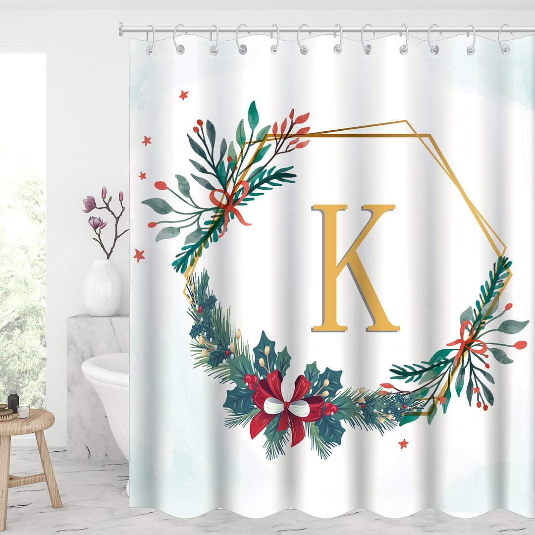 Custom Initial Letter Waterproof Shower Curtains With 12 Hooks - Christmas Wreath with Gold Rim-BlingPainting-Customized Products Make Great Gifts