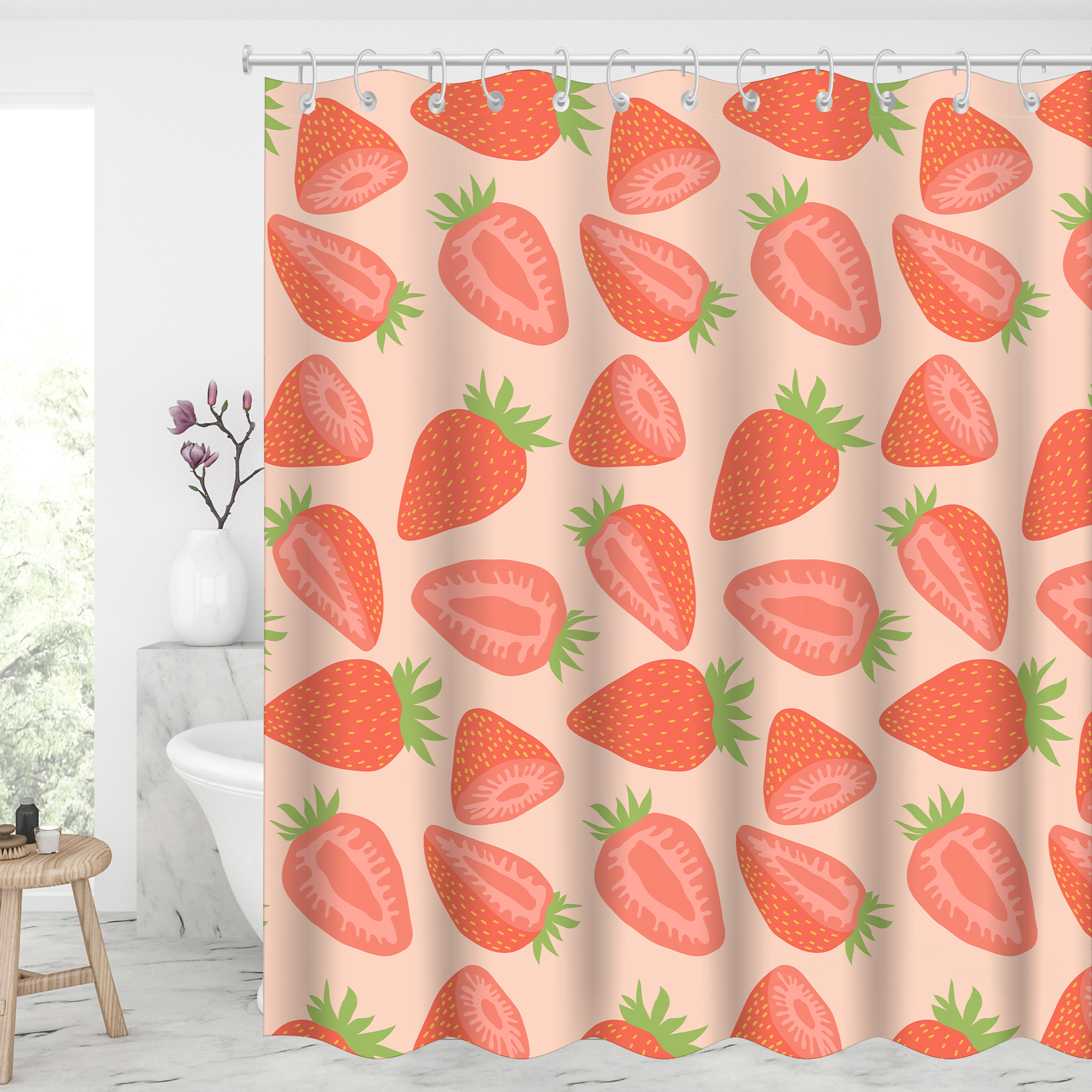 Cute Strawberries Pattern Waterproof Shower Curtains With 12 Hooks-BlingPainting-Customized Products Make Great Gifts