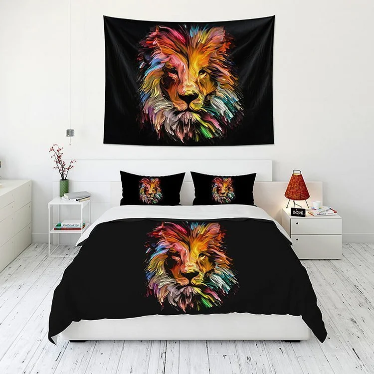 Watercolor Lion Tapestry Wall Hanging and 3Pcs Bedding Set Home Decor-BlingPainting-Customized Products Make Great Gifts