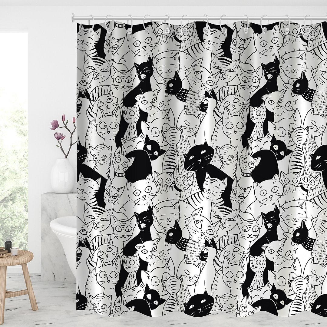 Black & White Cartoon Cat Waterproof Shower Curtains With 12 Hooks-BlingPainting-Customized Products Make Great Gifts