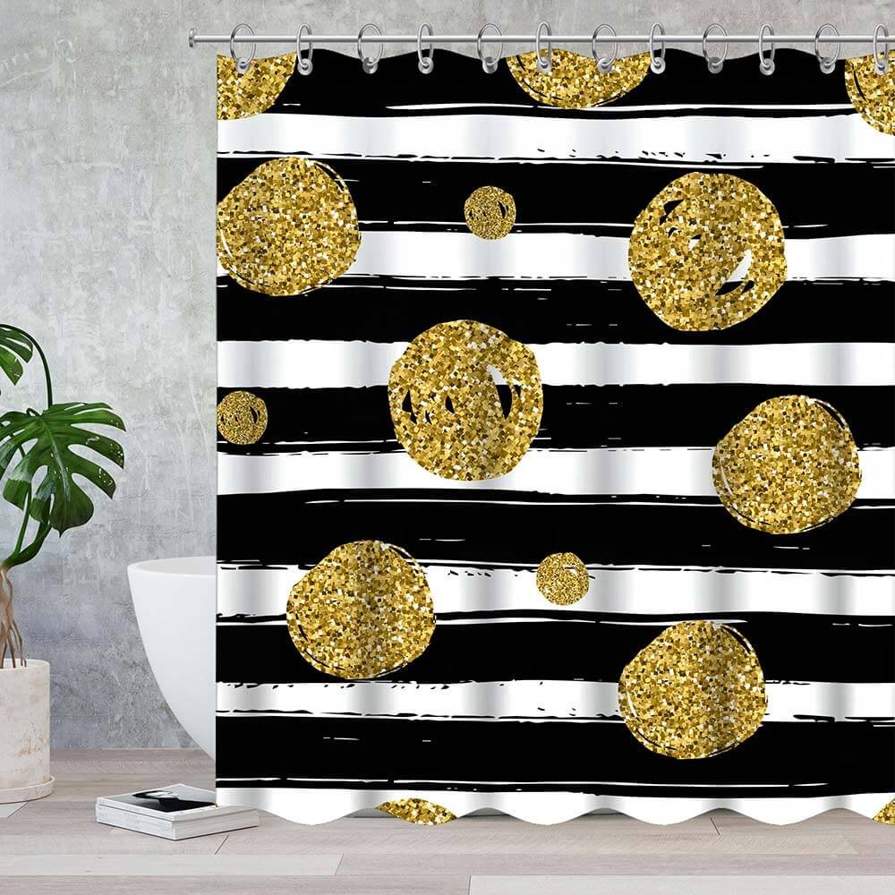 Black Lines and Golden Dots Waterproof Shower Curtains With 12 Hooks-BlingPainting-Customized Products Make Great Gifts