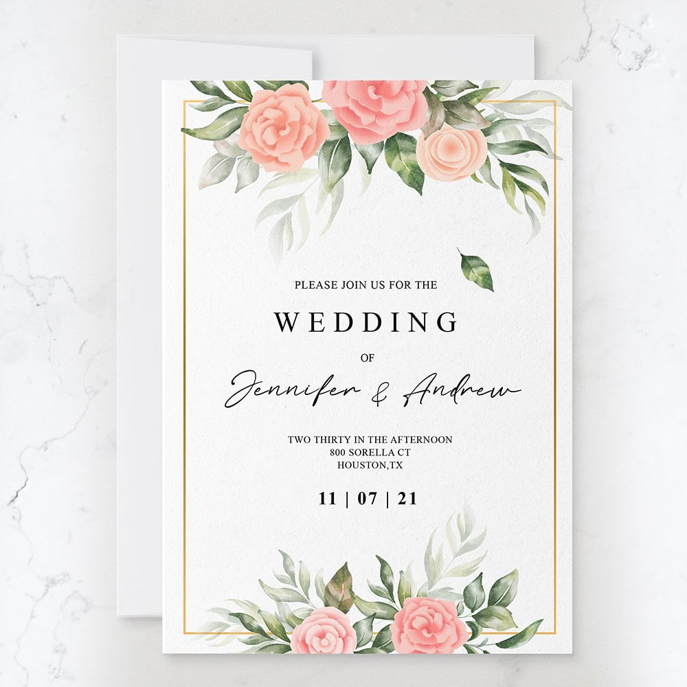 Personalized Blush Floral Invitations Cards with Gold Border for Wedding, Engagement Invite 5*7 IN -BlingPainting-Customized Products Make Great Gifts