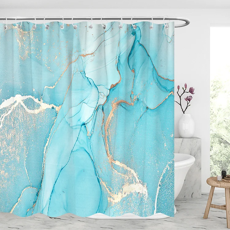 Glittering Skyblue Marbling Waterproof Shower Curtains With 12 Hooks-BlingPainting-Customized Products Make Great Gifts