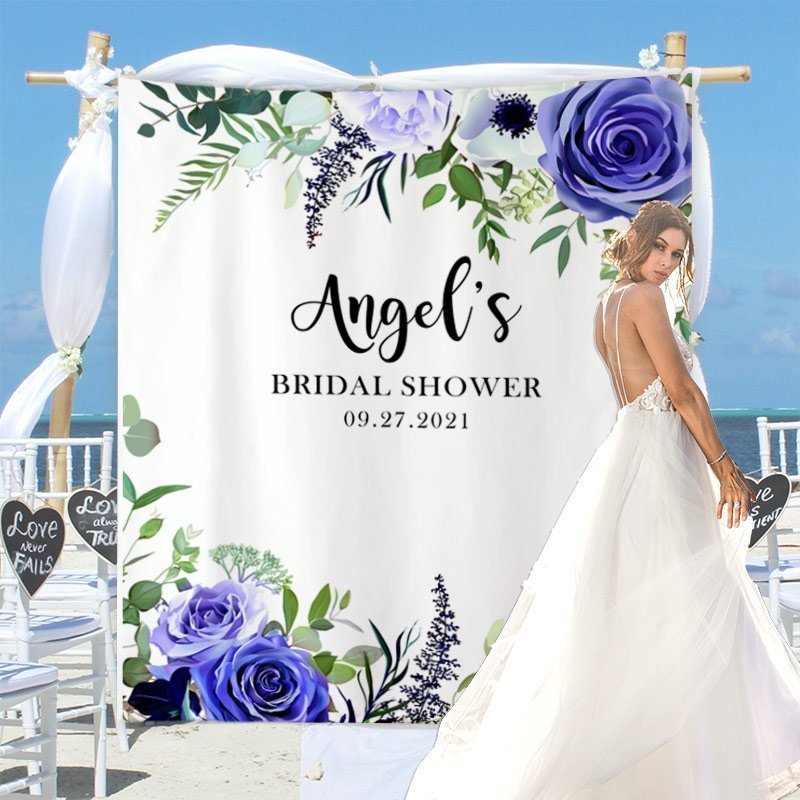 Custom Navy Purple Floral Bridal Shower Backdrop – Wedding Shower Decorations-BlingPainting-Customized Products Make Great Gifts