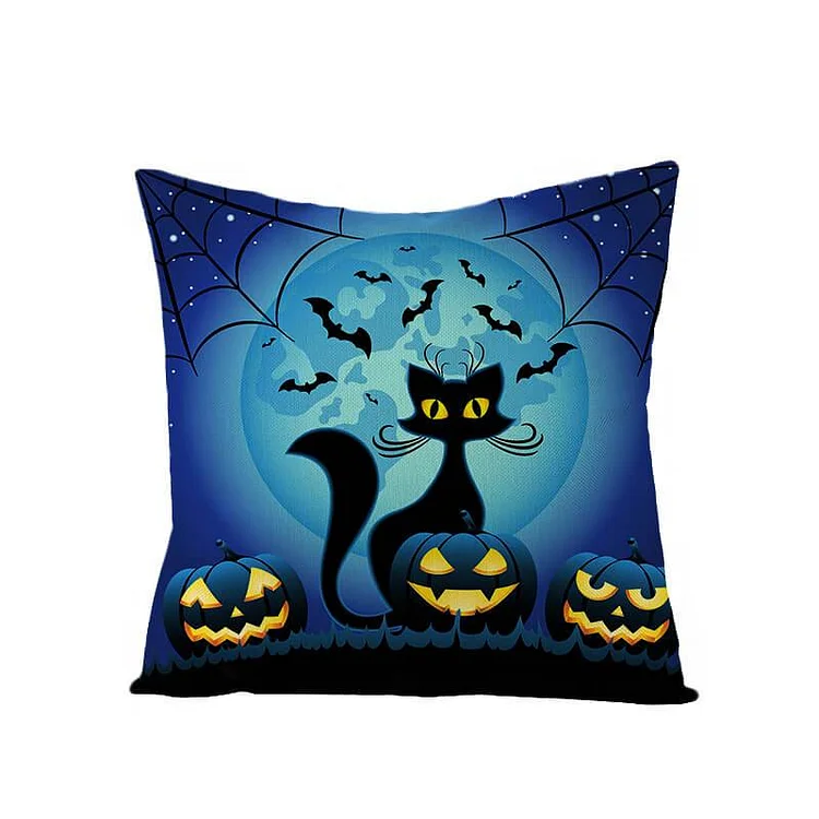 Halloween Decor Linen Black Cat Throw Pillow