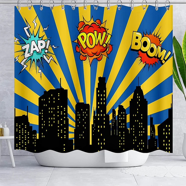 Superhero Cityscape Waterproof Shower Curtains With 12 Hooks-BlingPainting-Customized Products Make Great Gifts