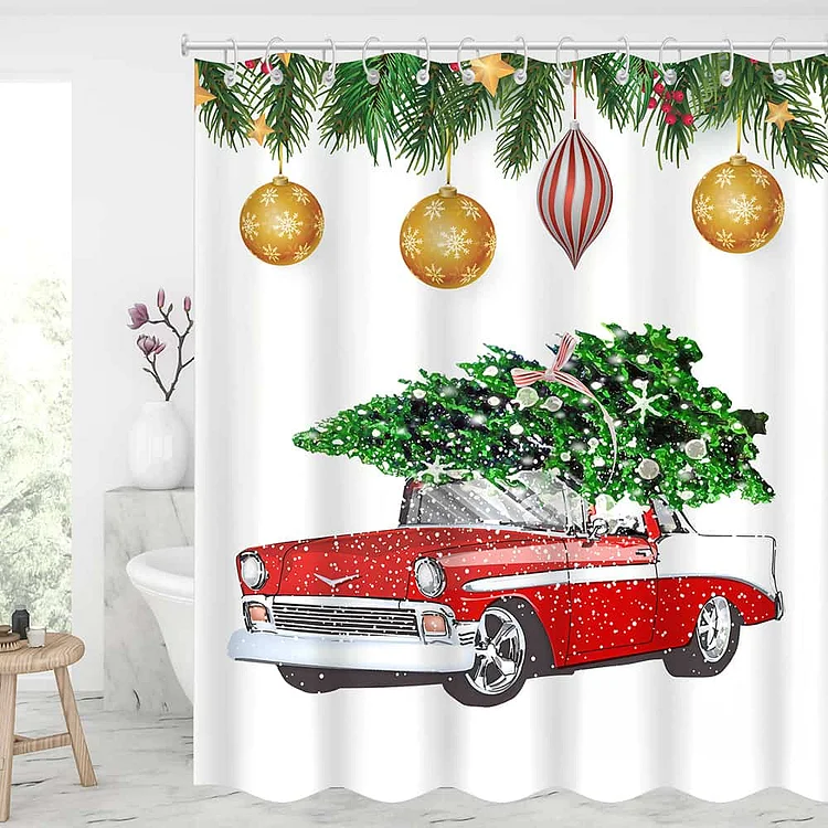 Best Gifts Red Truck with Christmas Tree Shower Curtains With 12 Hooks-BlingPainting-Customized Products Make Great Gifts