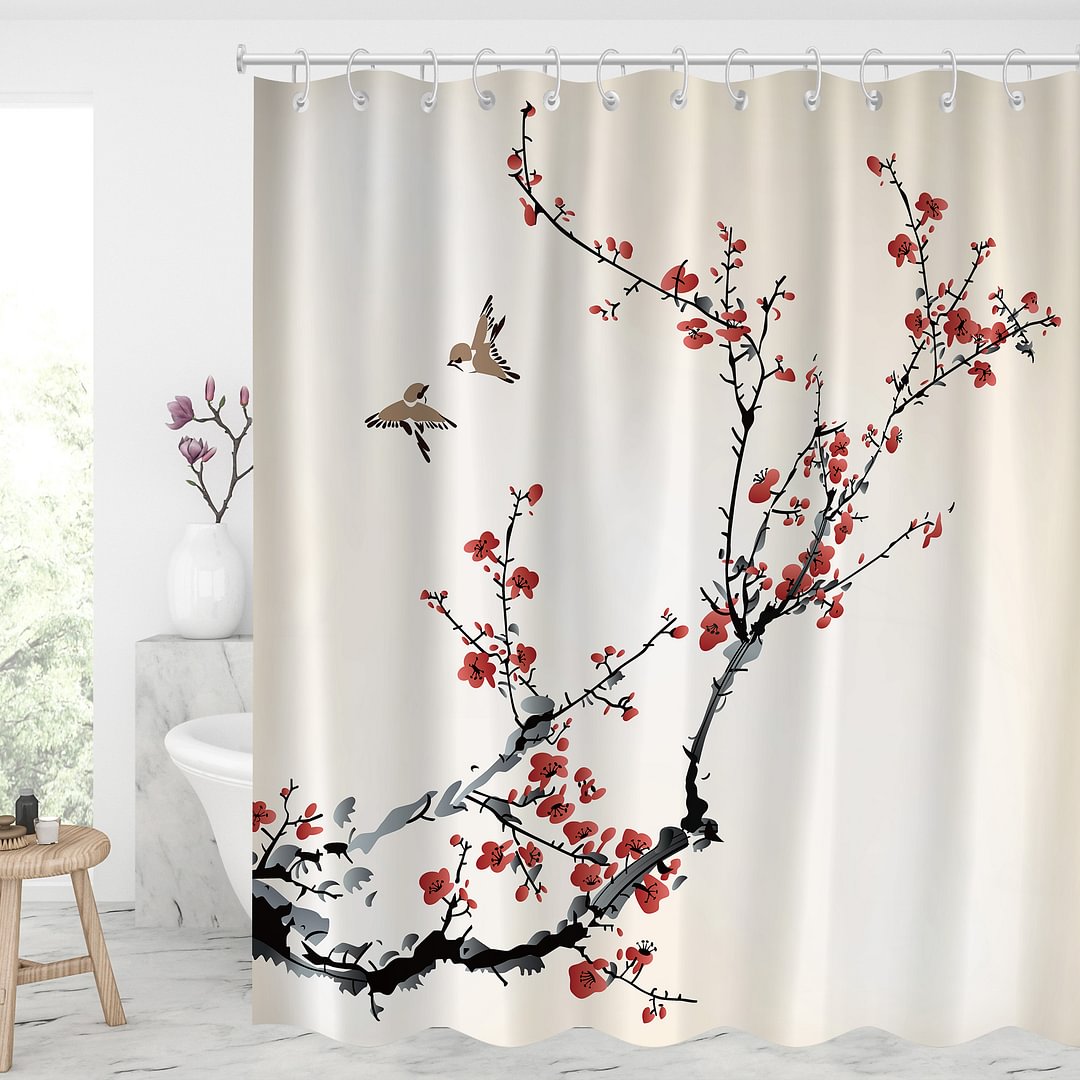 Plum Blossoms Blooming Waterproof Shower Curtains With 12 Hooks-BlingPainting-Customized Products Make Great Gifts