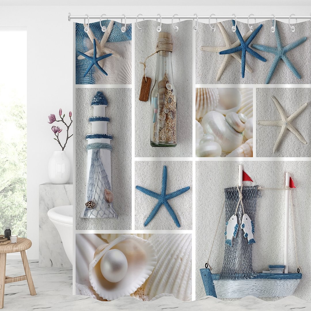 Starfish & Lighthouse Waterproof Shower Curtains With 12 Hooks-BlingPainting-Customized Products Make Great Gifts