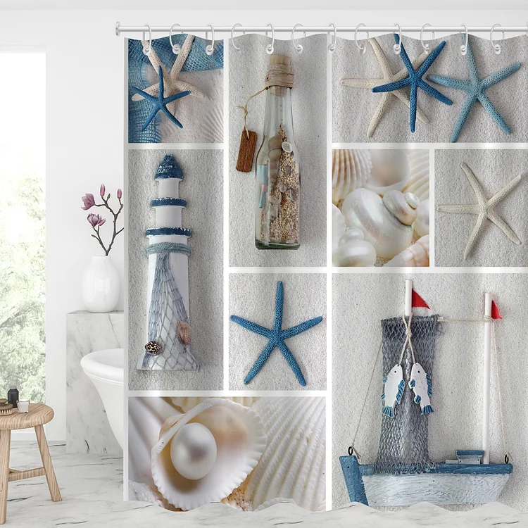 Starfish & Lighthouse Waterproof Shower Curtains With 12 Hooks-BlingPainting-Customized Products Make Great Gifts