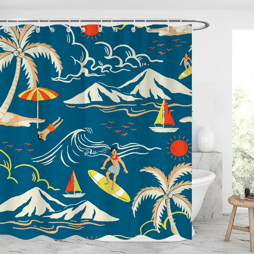 Summer Surfing and Snow Mountain Waterproof Shower Curtains With 12 Hooks-BlingPainting-Customized Products Make Great Gifts
