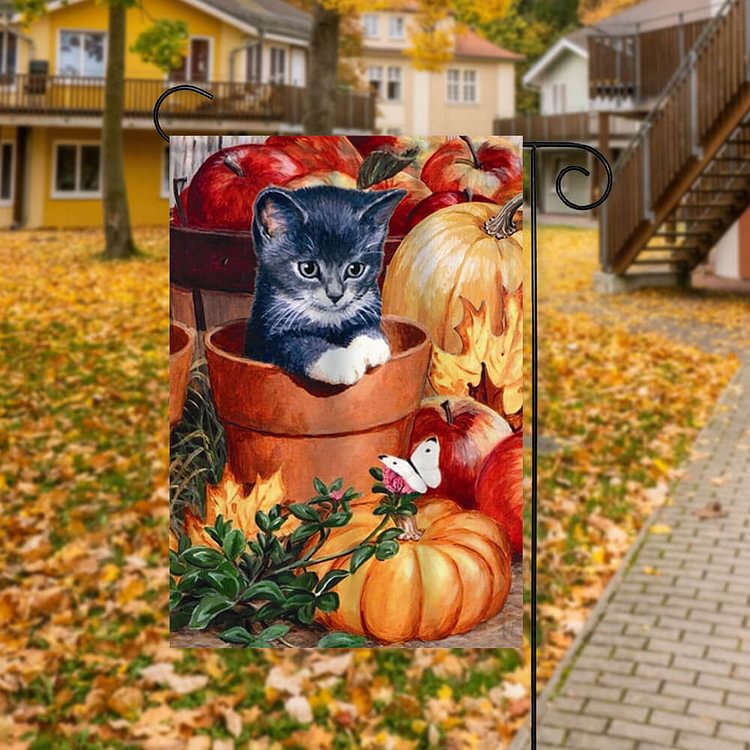Thanksgiving Cute Cat & Pumpkin Decor Garden House Double Sided Flag -BlingPainting-Customized Products Make Great Gifts