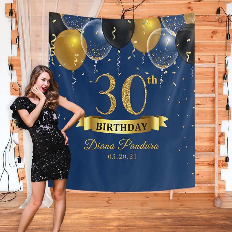 Custom Navy Gold Black Balloons Birthday Backdrop-BlingPainting-Customized Products Make Great Gifts