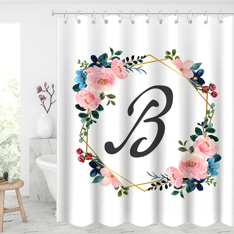 Custom Initial Letter Waterproof Shower Curtains With 12 Hooks - Pink Blush Floral-BlingPainting-Customized Products Make Great Gifts