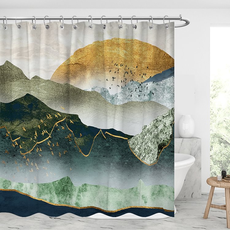 The Green Golden Mountain By Sunset Waterproof Shower Curtains With 12 Hooks-BlingPainting-Customized Products Make Great Gifts