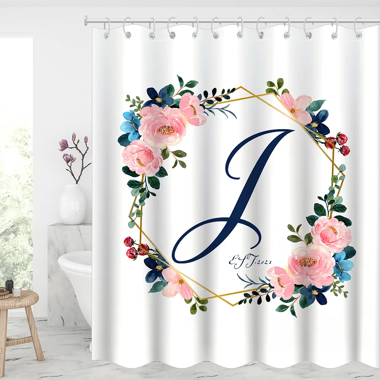 Custom Initial Letter & Date Waterproof Shower Curtains With 12 Hooks - Pink Blush Floral-BlingPainting-Customized Products Make Great Gifts