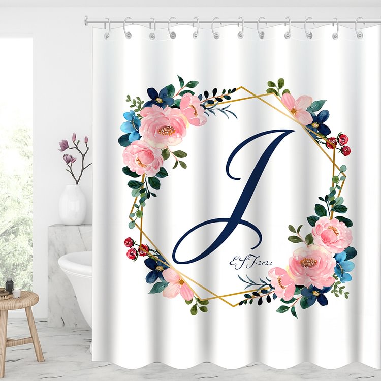 Custom Initial Letter & Date Waterproof Shower Curtains With 12 Hooks - Pink Blush Floral-BlingPainting-Customized Products Make Great Gifts