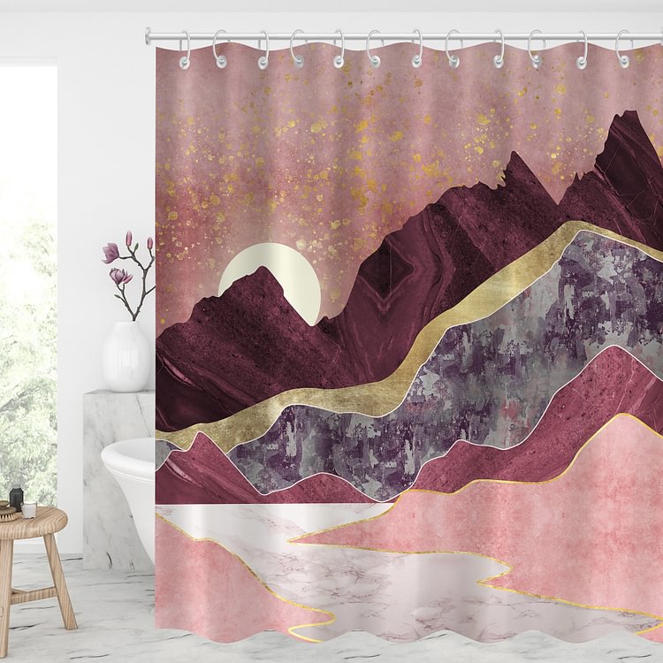 Waterproof Shower Curtains With 12 Hooks Bathroom Decor - Pink Sky Sunset Mountains-BlingPainting-Customized Products Make Great Gifts