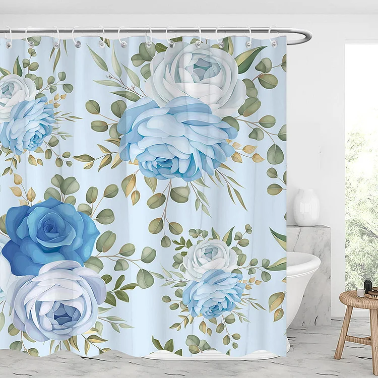Blue Floral Waterproof Shower Curtains With 12 Hooks-BlingPainting-Customized Products Make Great Gifts