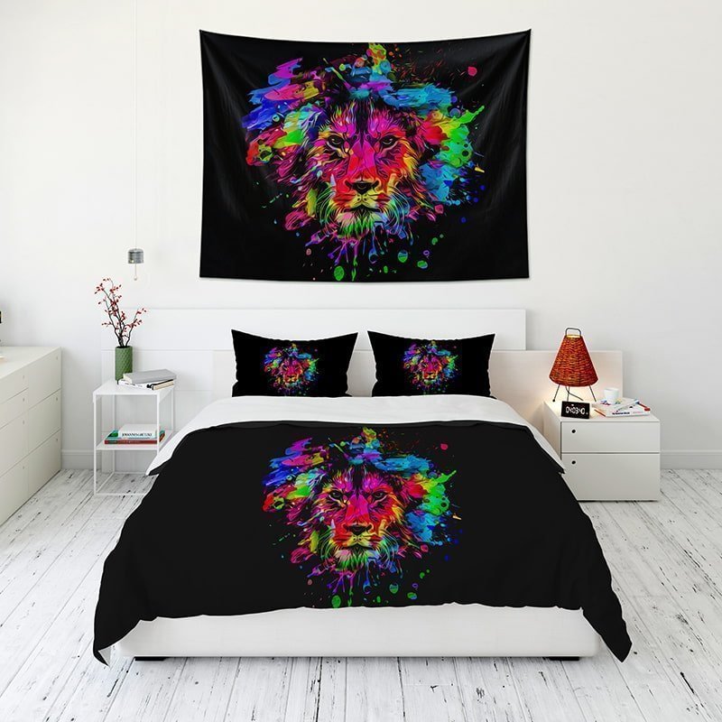Colorful Lion Tapestry Wall Hanging and 3Pcs Bedding Set Home Decor-BlingPainting-Customized Products Make Great Gifts