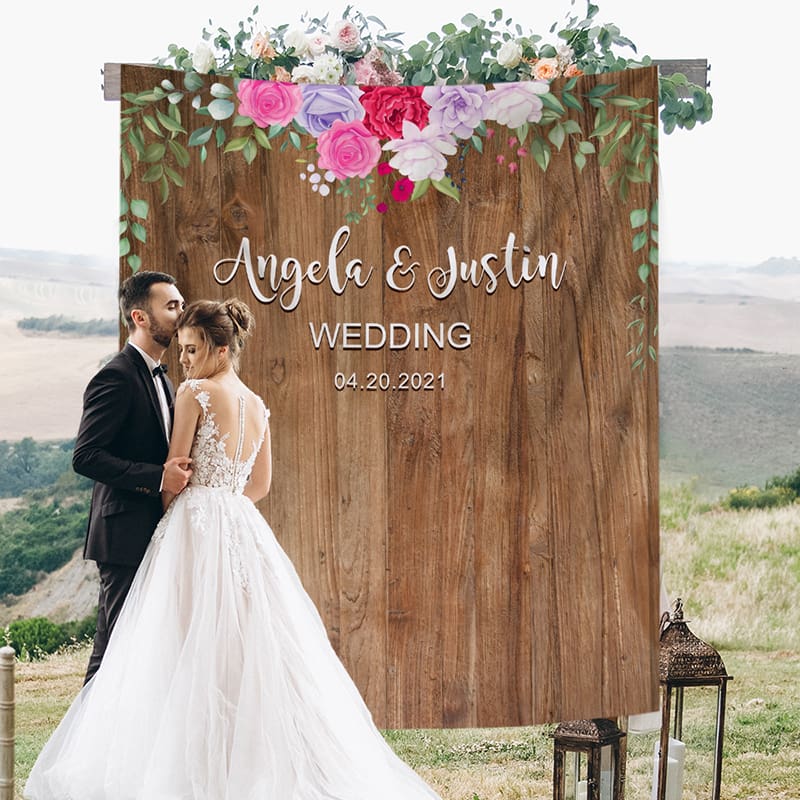 Date Backdrop Personalized Rustic Marsala Floral Wedding Backdrop, Fabric Wall ...