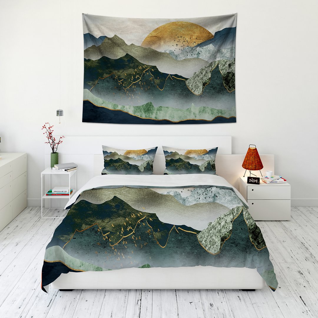 The Green Golden Mountain By Sunset Tapestry Wall Hanging and 3Pcs Bedding Set Home Decor-BlingPainting-Customized Products Make Great Gifts