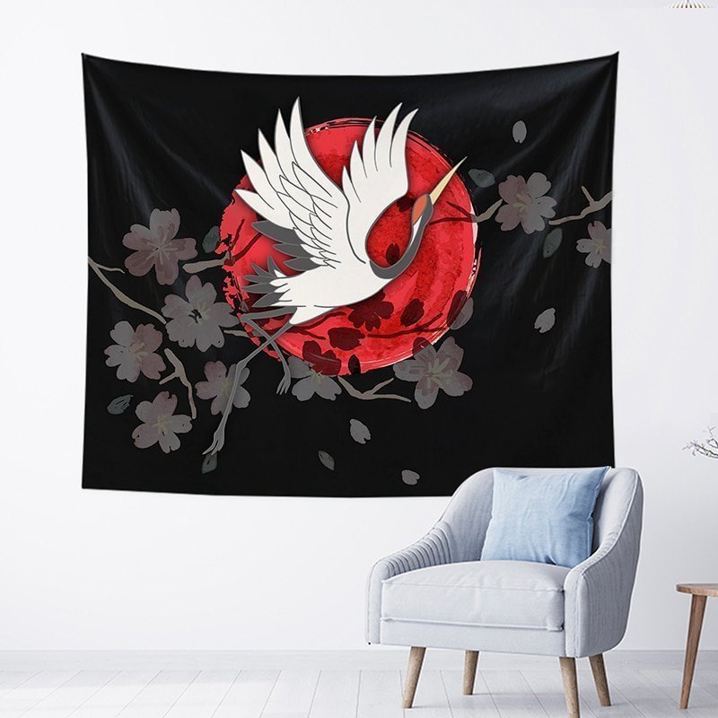 Red Sun Plum Blossom Crane Tapestry Wall Hanging-BlingPainting-Customized Products Make Great Gifts