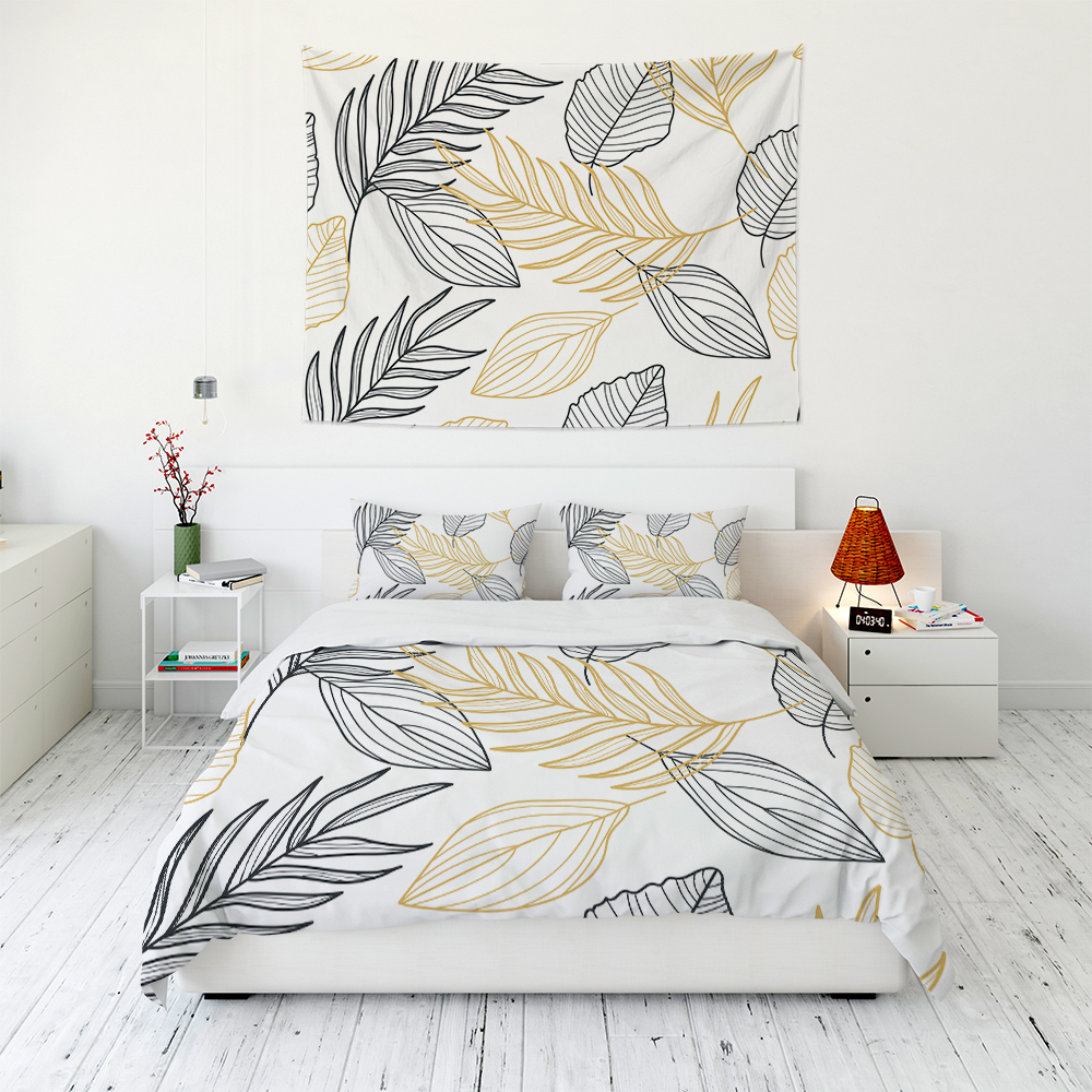 Luxury Black Gold Leaf Tapestry Wall Hanging and 3Pcs Bedding Set Home Decor-BlingPainting-Customized Products Make Great Gifts